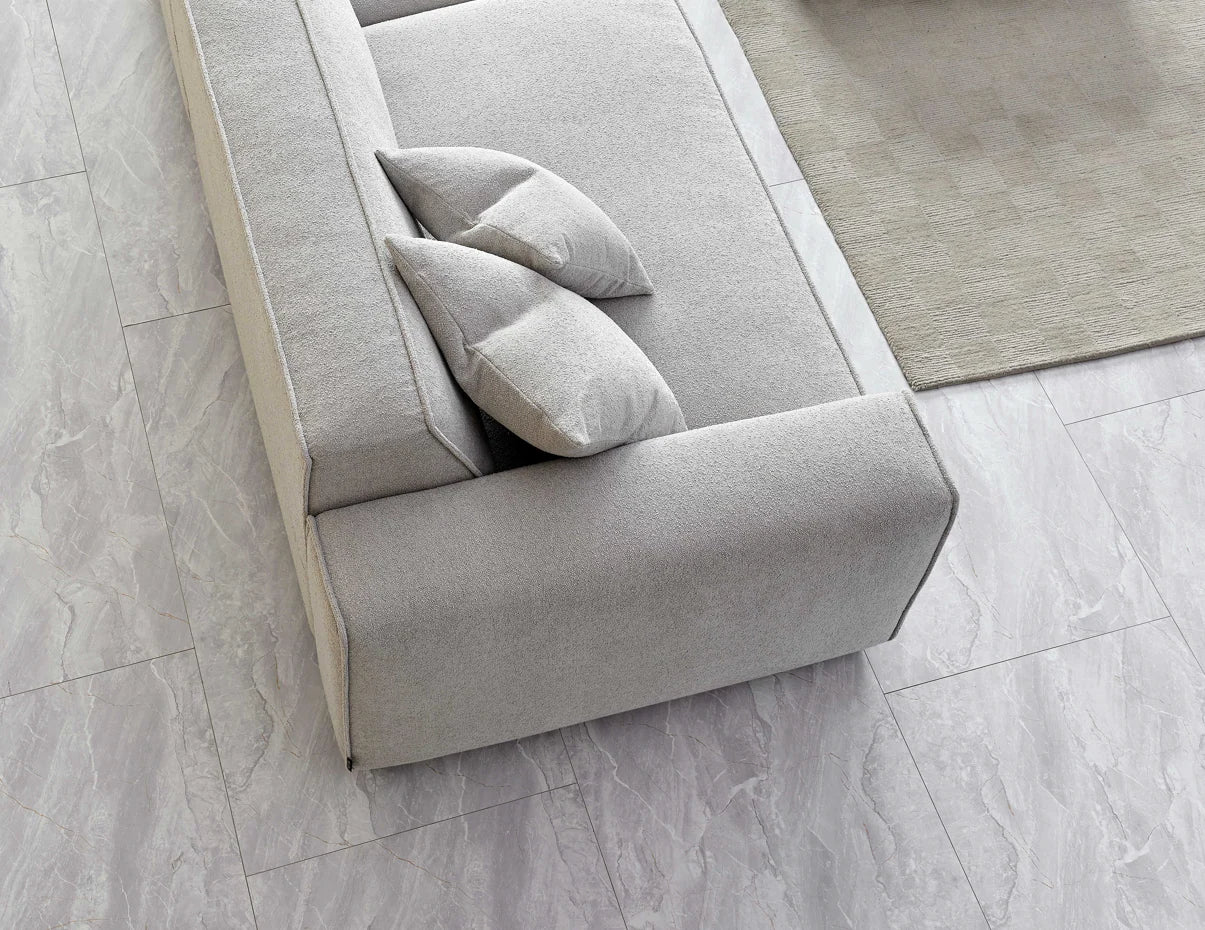 MNS Aluxo Dakota 3 Seater Sofa – Pebble Grey Boucle, Feather-Filled - Armchair, Footstool