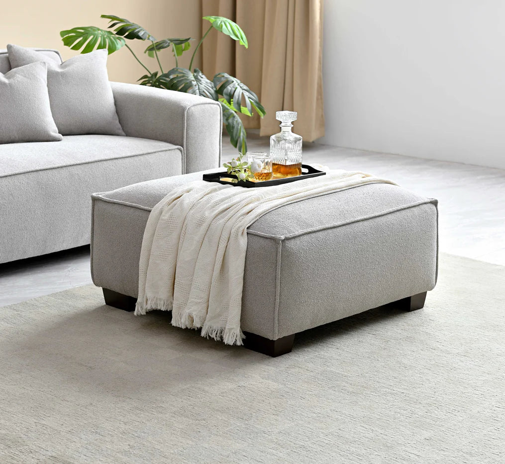 MNS Aluxo Dakota 3 Seater Sofa – Pebble Grey Boucle, Feather-Filled - Armchair, Footstool