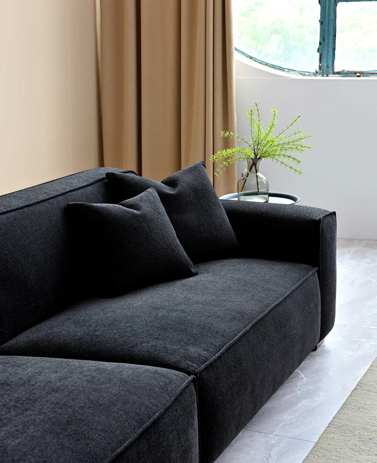 MNS Aluxo Dakota 3 Seater Sofa – Midnight Black Boucle, Feather-Filled - Armchair, Footstool
