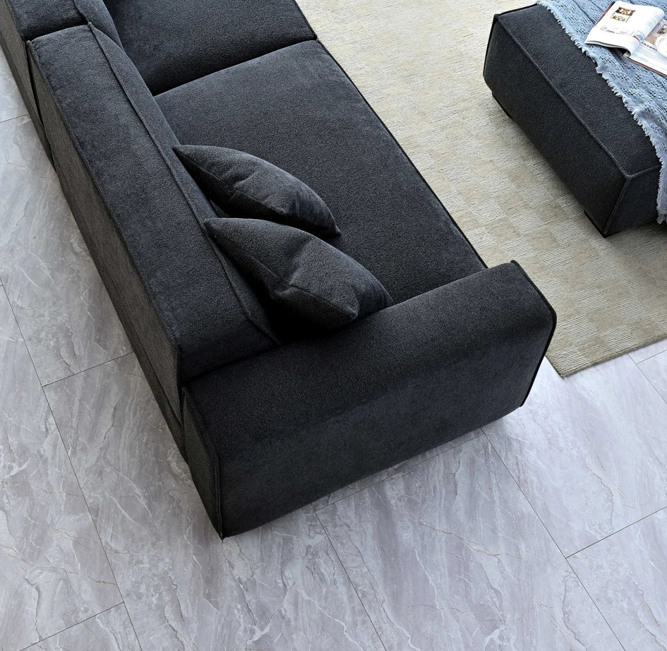 MNS Aluxo Dakota 3 Seater Sofa – Midnight Black Boucle, Feather-Filled - Armchair, Footstool