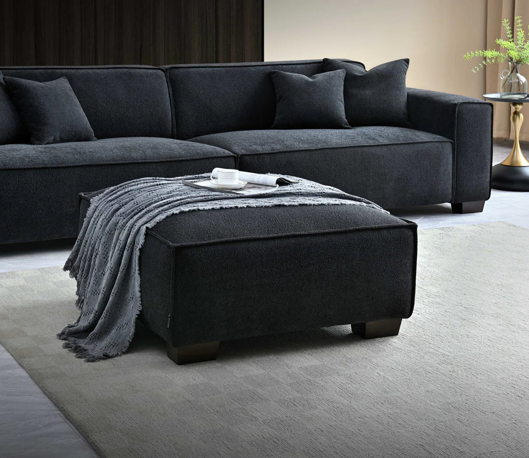 MNS Aluxo Dakota 3 Seater Sofa – Midnight Black Boucle, Feather-Filled - Armchair, Footstool