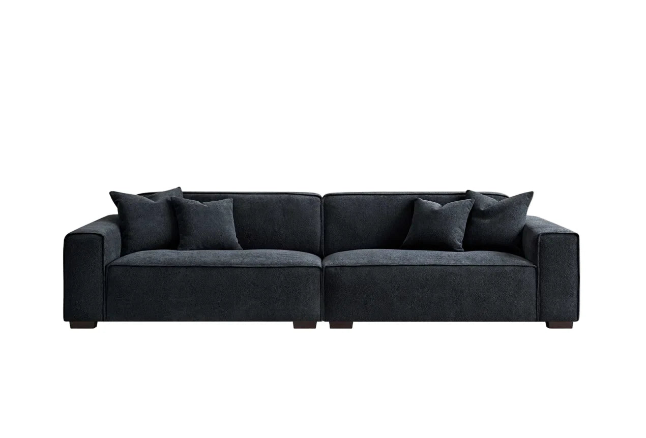 MNS Aluxo Dakota 3 Seater Sofa – Midnight Black Boucle, Feather-Filled - Armchair, Footstool