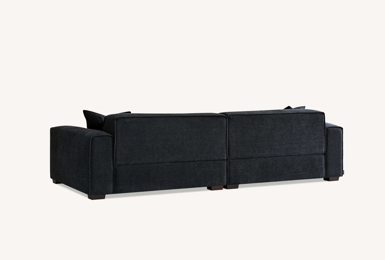 MNS Aluxo Dakota 3 Seater Sofa – Midnight Black Boucle, Feather-Filled - Armchair, Footstool