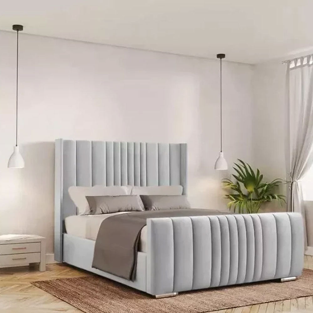 Manhattan Wing Back Panel Plush Velvet Upholstered Bed Frame With Lines - Silver