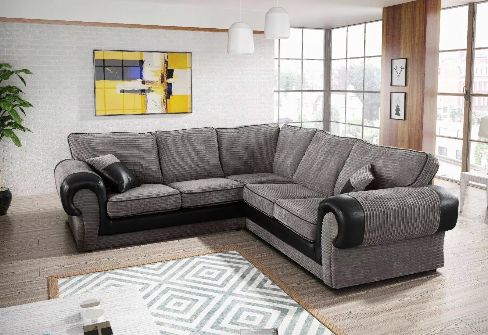 Tango Jumbo Cord Corner Sofa Fabric Grey Black / Brown Fabric 2 / 3 seater sofa