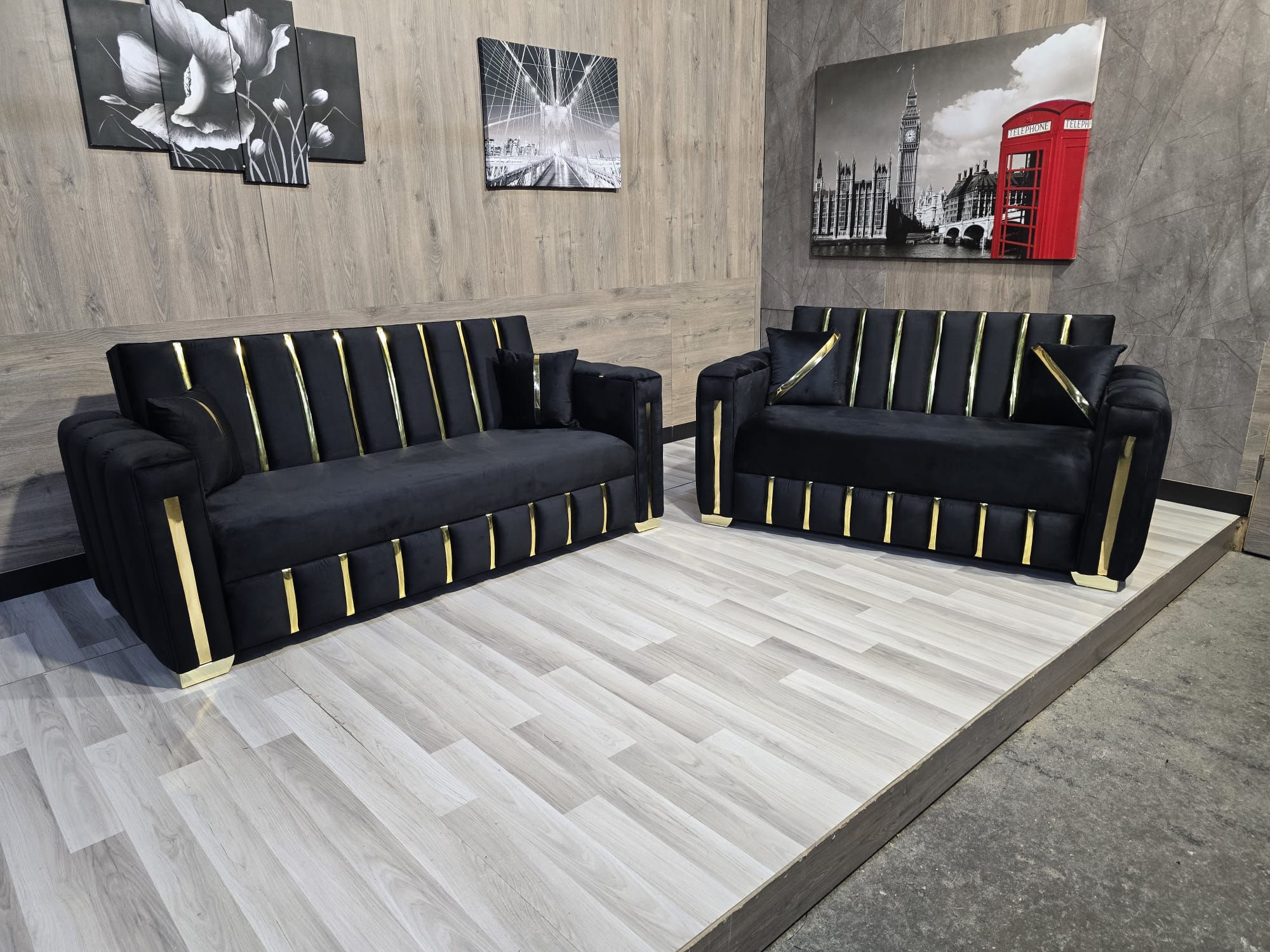 TURKISH STYLE SOFA BED WITH STORAGE GOLD TRIMS ON ARMS BLACK PLUSH