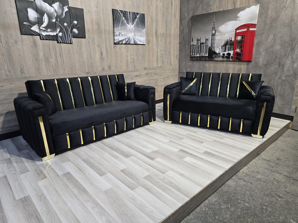 Turkish Style Sofa Bed with Storage Gld Trim Black Plush Velvet Sofa