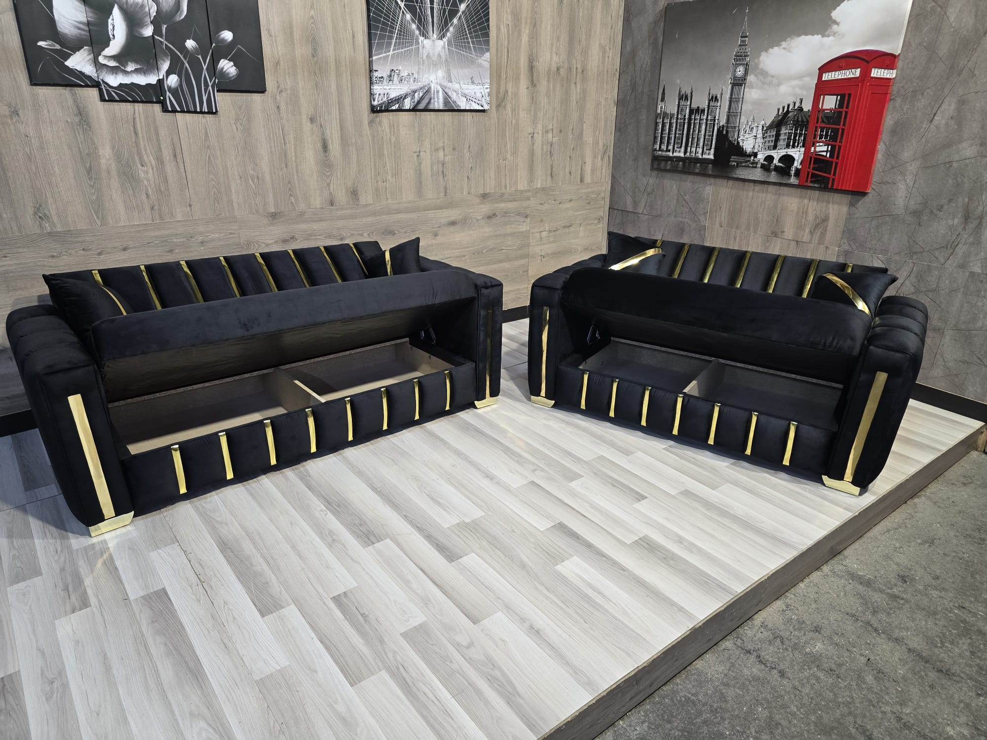 TURKISH STYLE SOFA BED WITH STORAGE GOLD TRIMS ON ARMS BLACK PLUSH