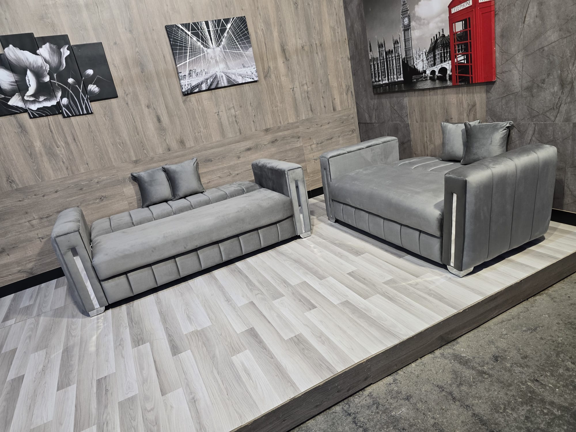 TURKISH STYLE SOFA BED WITH STORAGE CHESTER LINES ON ARMS GREY PLUSH