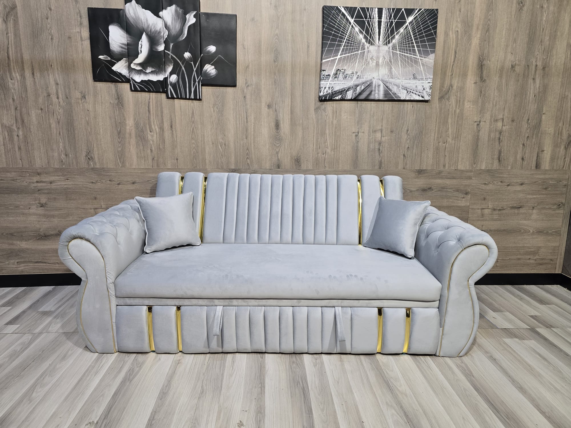 TURKISH STYLE SOFA BED WITH STORAGE CHESTERFIELD ON ARMS BLUE PLUSH