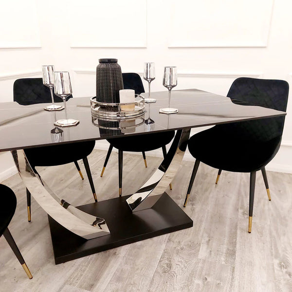 Venus 1.6 Chrome Dining Table with Black Sintered Stone Top With 6 Astra Dining Chair