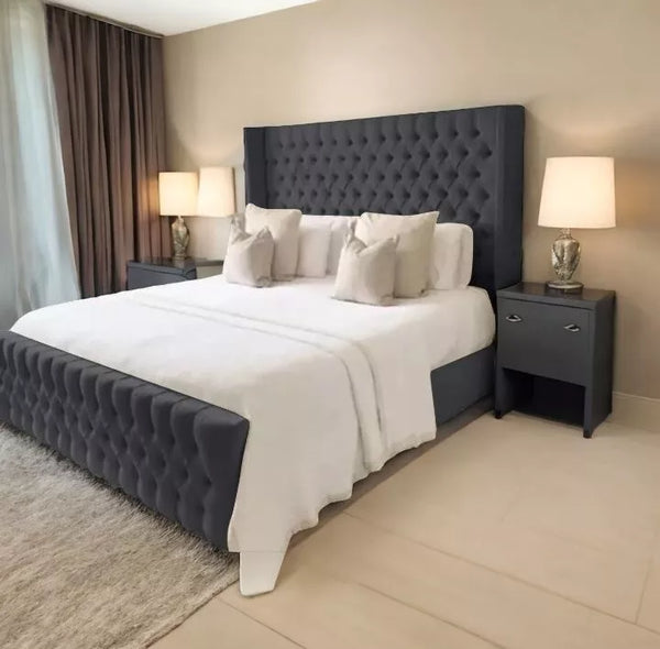 New Manhattan Wing Panel Dark Grey Plush Velvet Upholstered Bed Frame - 54" Headboard