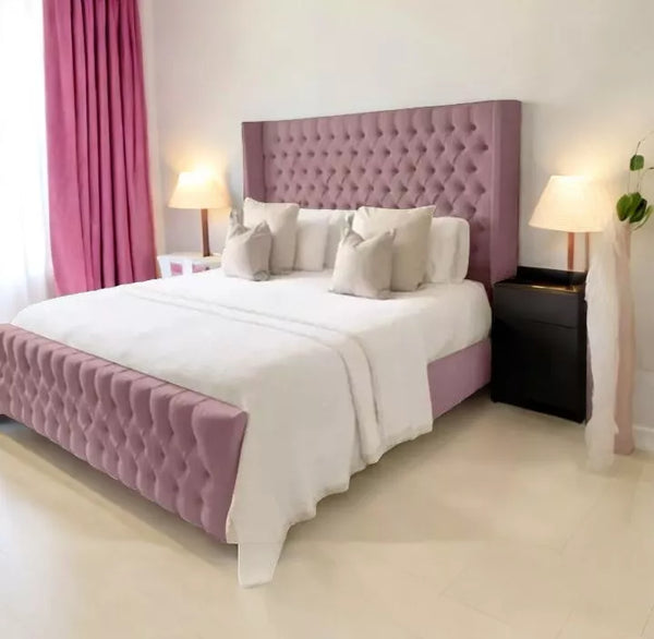 New Manhattan Wing Panel Pink Plush Velvet Upholstered Bed Frame - 54" Headboard