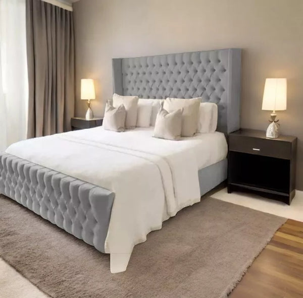 New Manhattan Wing Panel Silver Plush Velvet Upholstered Bed Frame - 54" Headboard