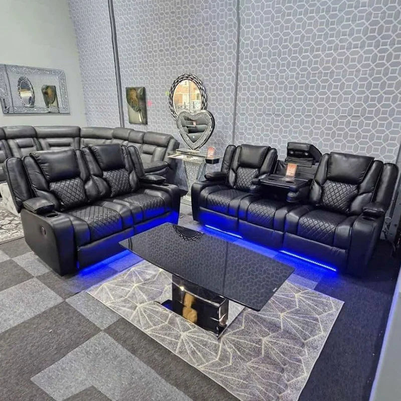 MNS Electric Recliner Orlando 3+2 Sofa Set in Black Aire Leather | USB | Cup Holder