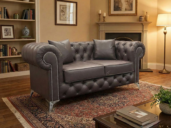 Royal Chesterfield Sofa in Brown Leather 2 Seater/ Couch