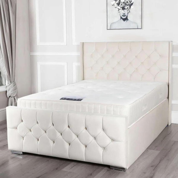 Chesterfield White Plush Velvet Fabric OTTOMAN Divan Bed Frame - 54" Headboard