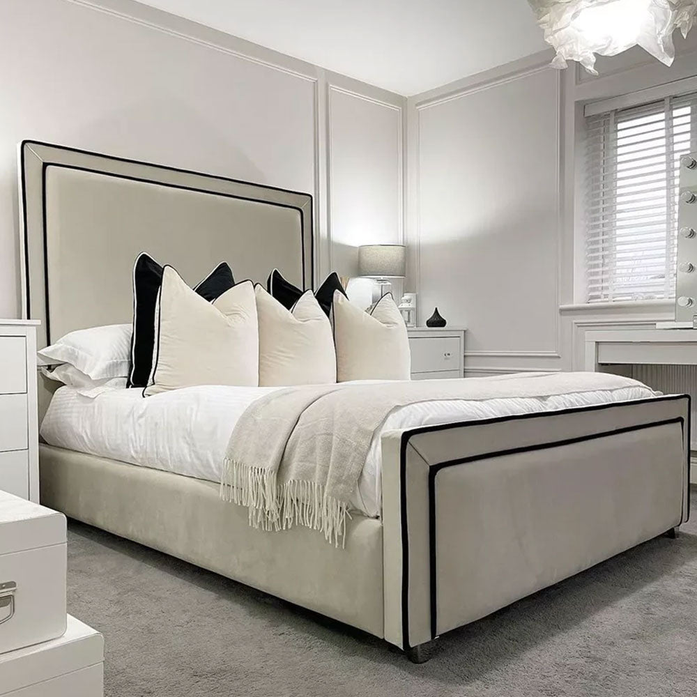 Luxury Piping Beige Plush Bed Frame With/Without Ottoman Storage - 54 " Headboard