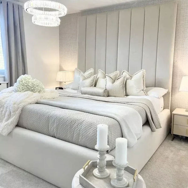 Luxury High Panel Empire Beds With Ottoman Gas Lift Storage - Tall Headboard - White