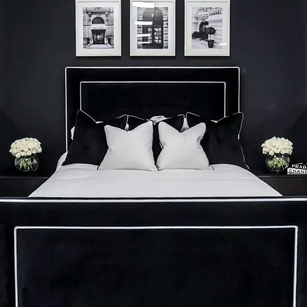 Luxury Piping Black Plush Bed Frame With/Without Ottoman Storage - 54 " Headboard