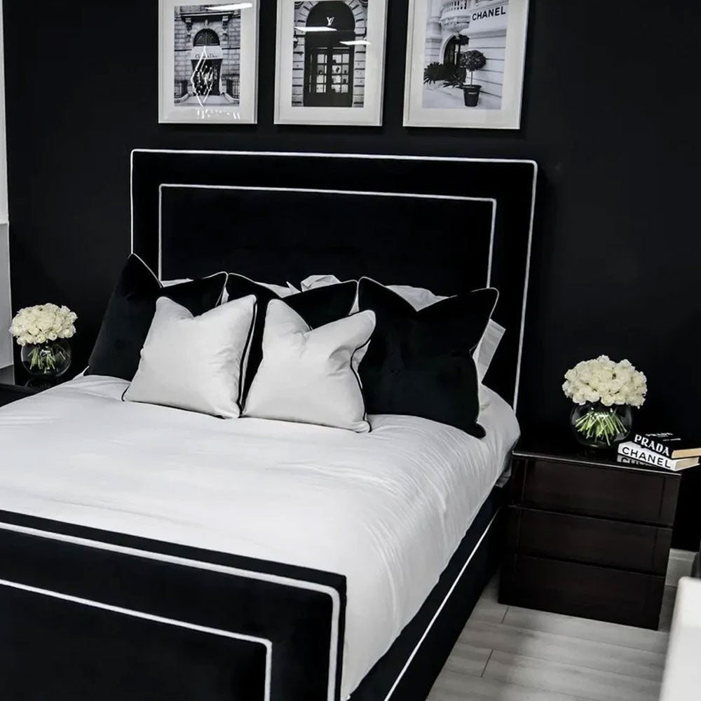 Luxury Piping Black Plush Bed Frame With/Without Ottoman Storage - 54 " Headboard