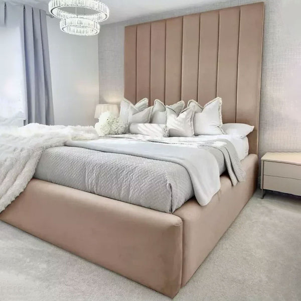 Luxury High Panel Empire Beds With Ottoman Gas Lift Storage - Tall Headboard - Beige