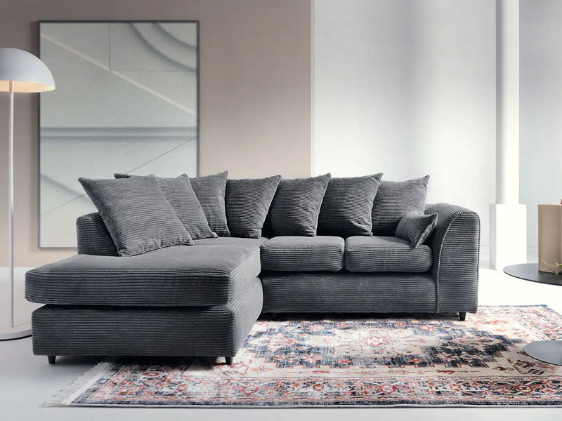 Dylan Jumbo Cord Fabric Corner Sofa with Cushions - Grey Colour