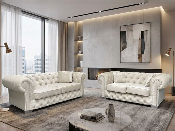 Olympia Cream Plush Velvet Chesterfield Sofa – Diamond Detailing & Foam Seat Cushions, Round Arms