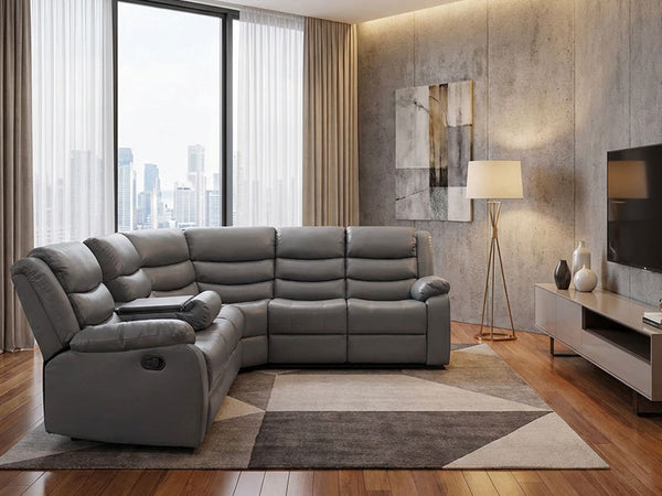 Roma Grey Leather Recliner Corner Sofa With Cup Holders
