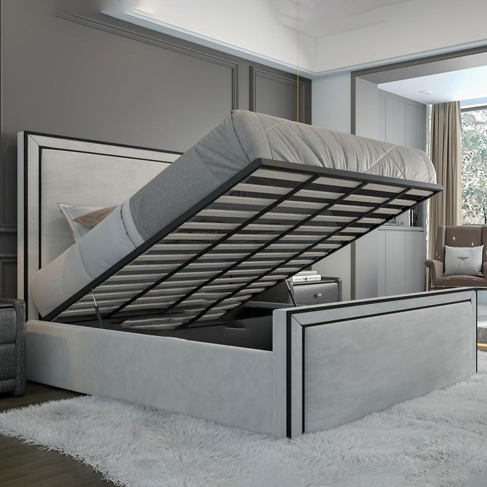 Luxury Piping White Plush Bed Frame With/Without Ottoman Storage - 54 " Headboard