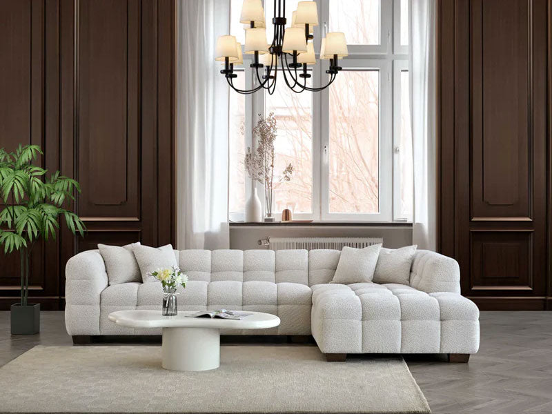 MNS Aluxo Tribeca Right Hand Corner Sofa in Oatmeal Boucle Fabric Matching Footstool