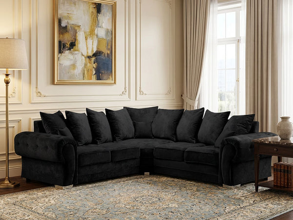 Verona Scatter Back Corner Sofa - Soft Chenille Fabric Sofa - Black