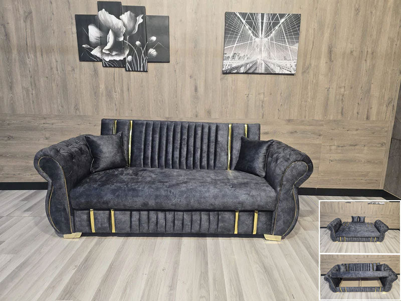 Turkish Style Sofa Bed With Storage Plush Chesterfield Arms Ottoman Settee - Grey