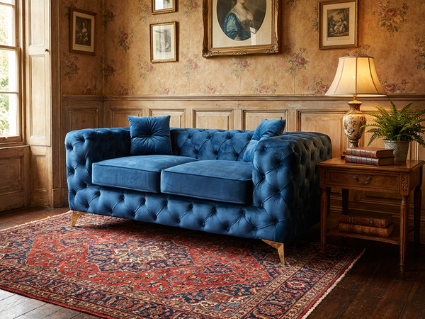 2 Seater Chesterfield Sofa in Blue Plush Velvet
