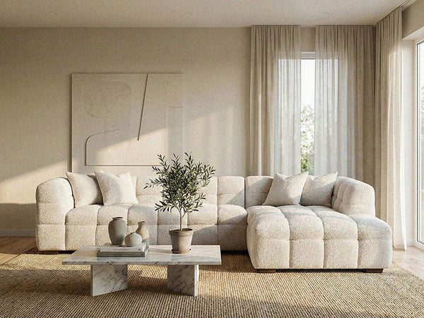 MNS Aluxo Tribeca Right Hand Corner Sofa in Oatmeal Boucle Fabric Matching Footstool