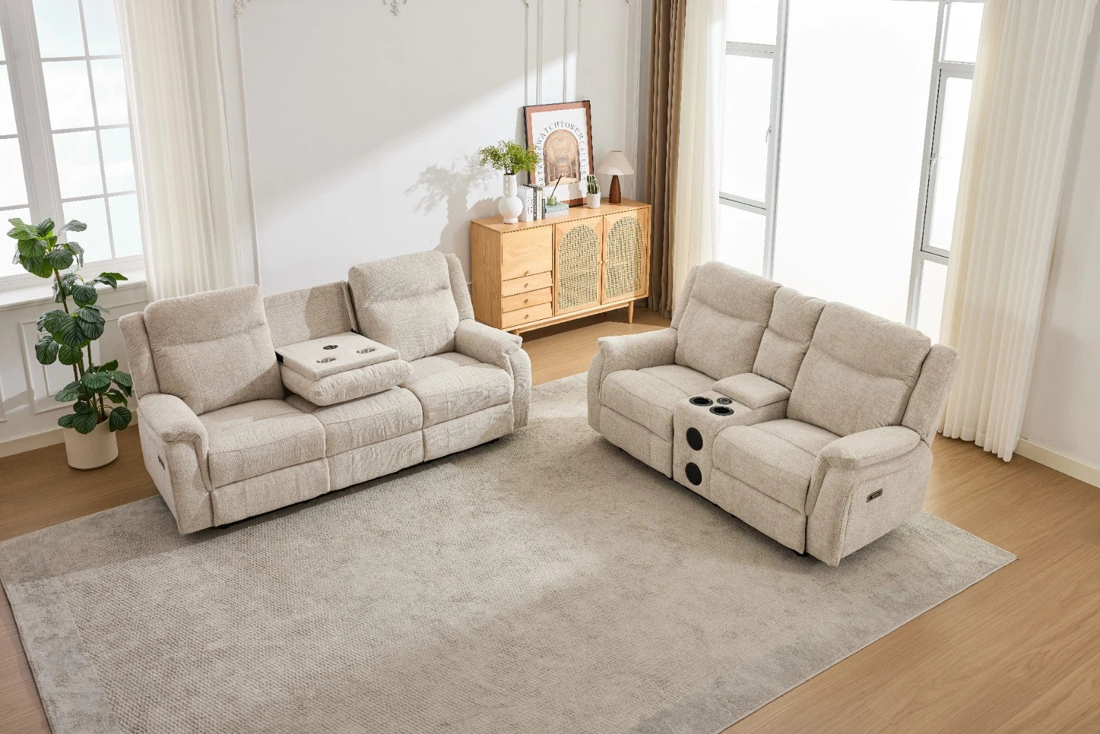 MNS Siyara Fabric Electric Recliner 3+2 Sofa With Bluetooth, USB, Cooling, Cupholder, Wireless Charging