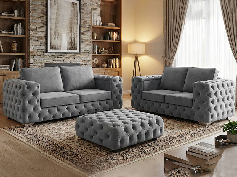 3+2 Set Ashton Chesterfield Full Back Sofa - Silver Plush Velvet Fabric Sofa