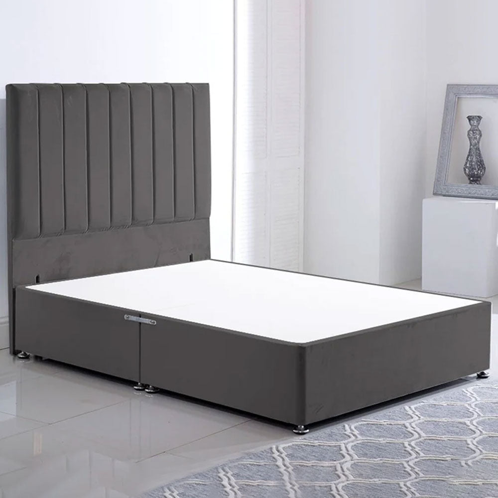 Grey Plush Double Stripe Double Divan Bed Without Mattress - Sleek Stripe Velvet Bed Design & Grand 54" Headboard