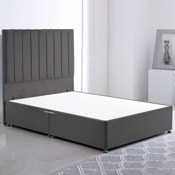 Grey Plush Double Stripe Double Divan Bed Without Mattress - Sleek Stripe Velvet Bed Design & Grand 54" Headboard