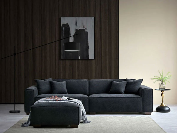 MNS Aluxo Dakota 3 Seater Sofa – Midnight Black Boucle, Feather-Filled - Armchair, Footstool