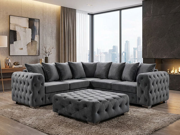 Ashton Chesterfield Scatter Back Corner Sofa Grey Plush Velvet