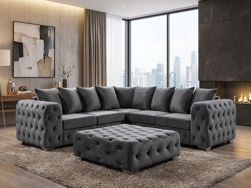 Ashton Chesterfield Scatter Back Corner Sofa Grey Plush Velvet