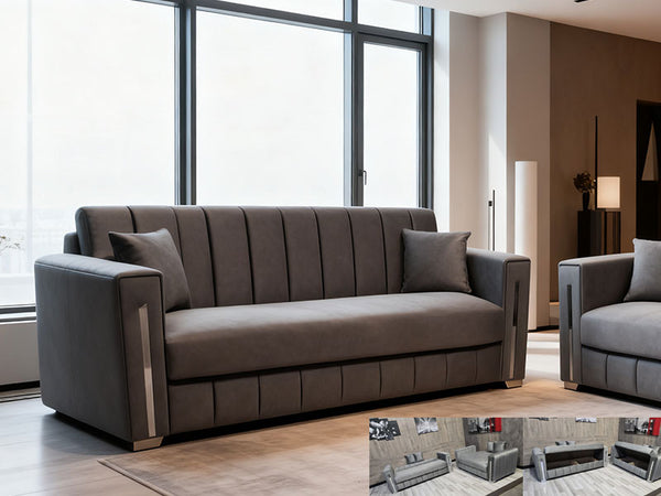 Turkish Style Sofa Bed With Storage Plush Velvet Fabric Chesterfield Arms - Grey