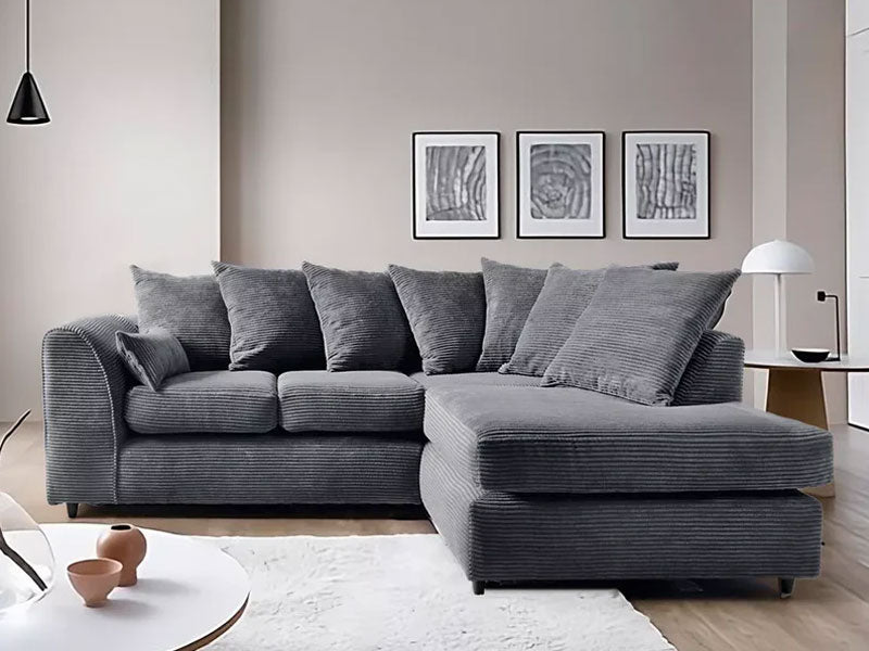 Dylan Jumbo Cord Fabric Corner Sofa with Cushions - Grey Colour