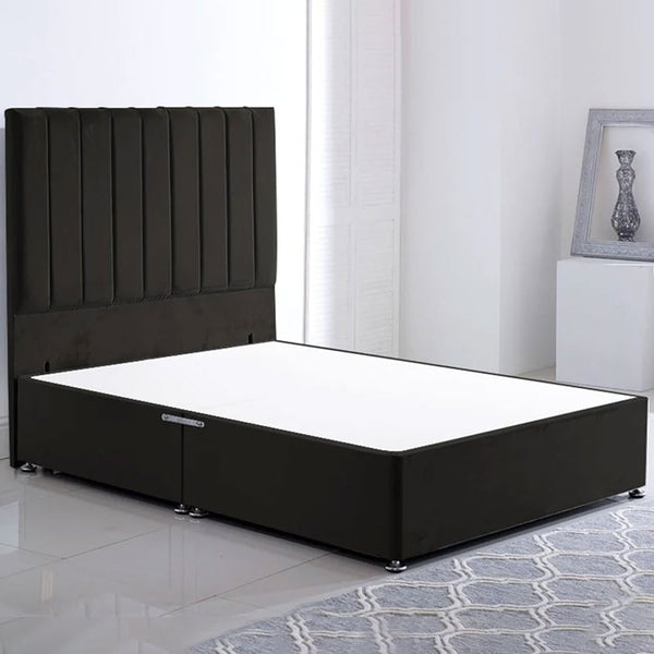 Black Plush Double Stripe Single Divan Bed Without Mattress - Sleek Stripe Velvet Bed Design & Grand 54" Headboard