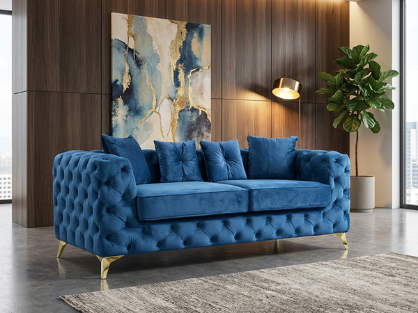 3 Seater Chesterfield Sofa in Blue Plush Velvet