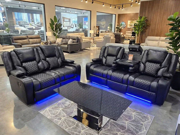 MNS Electric Recliner Orlando 3+2 Sofa Set in Black Aire Leather | USB | Cup Holder