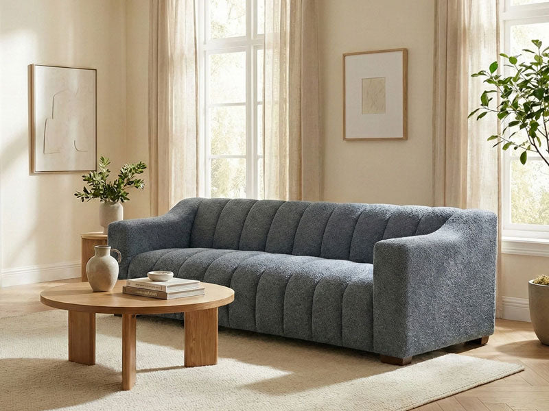 MNS Aluxo Astoria 3 Seater Sofa in Iron Blue Boucle - Deep Channel Stitched Design