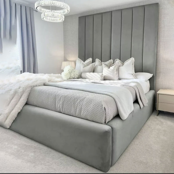 Luxury High Panel Empire Beds With Ottoman Gas Lift Storage - Tall Headboard - Grey