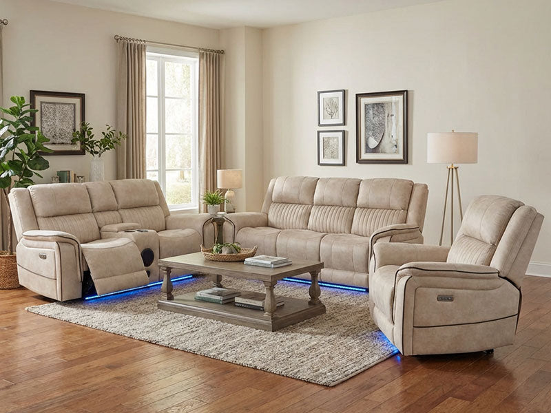 MNS Geneva Pro Fabric Electric Recliner Sofa 3+2+1 Set Wireless, Bluetooth, USB, Led